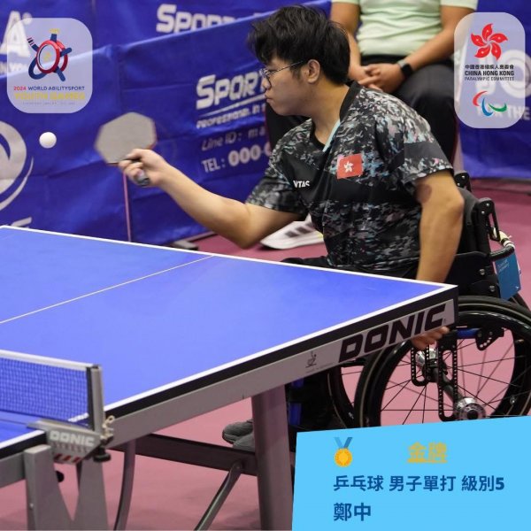 恭喜鄭中同學代表中國香港在首屆世界展能青年運動會（World Abilitysport Youth Games）取得乒乓球男子單打級別5 的金牌。